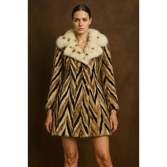 Vintage Marie Enny Real Mink Fur Coat Genuine FoxFur Collar Tiger Stripe Pattern - Picture 16 of 16